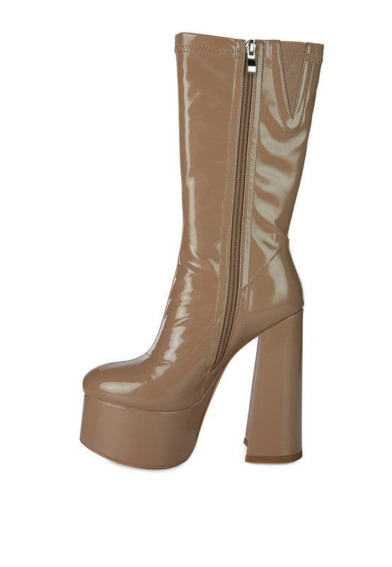 VINKELE Patent PU Platform Heeled Calf Boots - lolaluxeshop