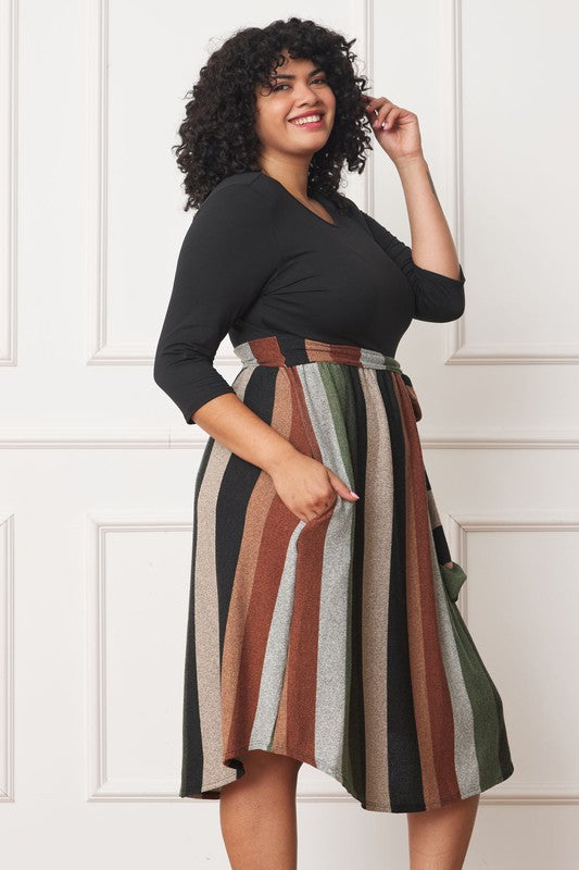 Plus Quarter Sleeve, Stripe Sash Midi Dress - lolaluxeshop