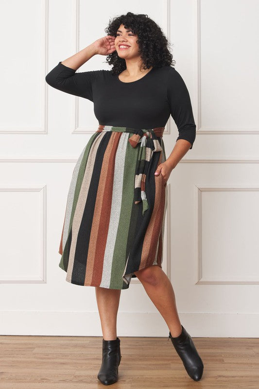 Plus Quarter Sleeve, Stripe Sash Midi Dress - lolaluxeshop