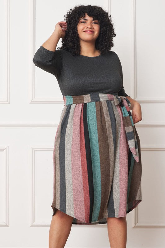 Plus Quarter Sleeve, Stripe Sash Midi Dress - lolaluxeshop