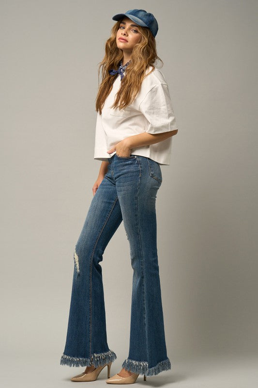 MID-RISE WIDE ELASTIC BANDED FLARE JEANS - lolaluxeshop