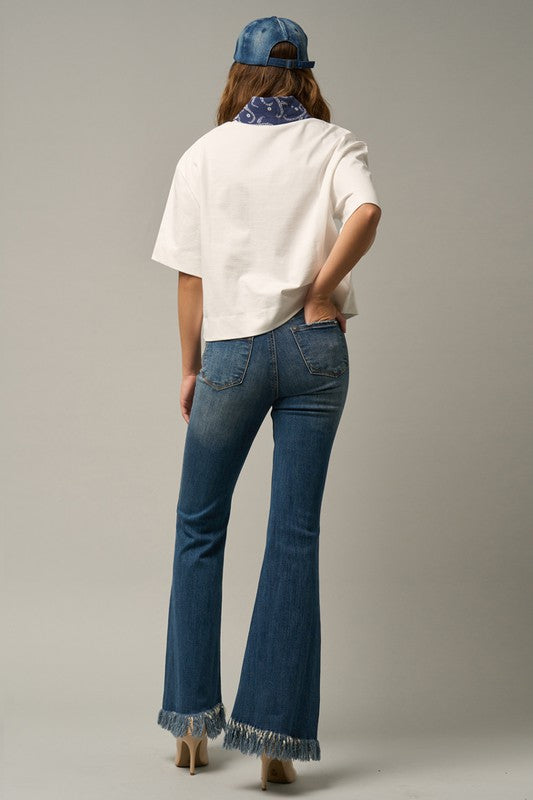 MID-RISE WIDE ELASTIC BANDED FLARE JEANS - lolaluxeshop