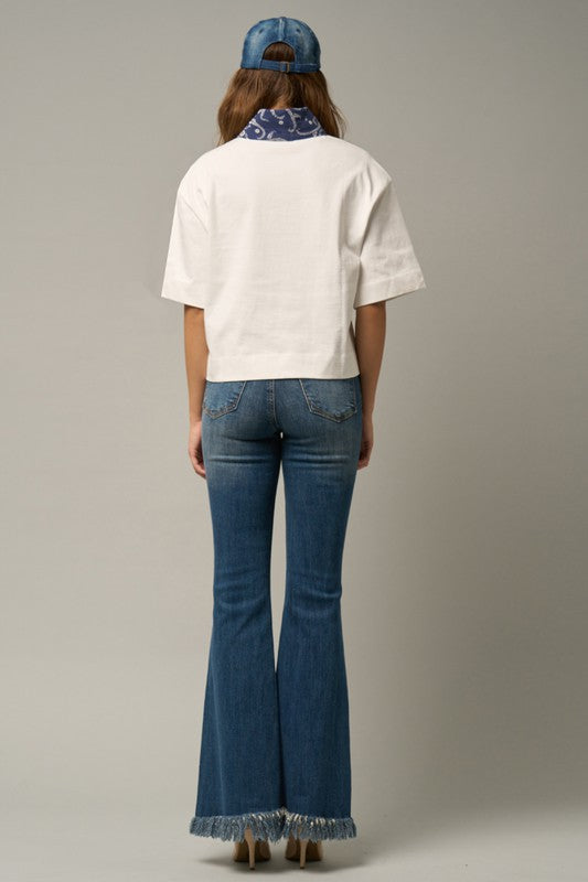 MID-RISE WIDE ELASTIC BANDED FLARE JEANS - lolaluxeshop