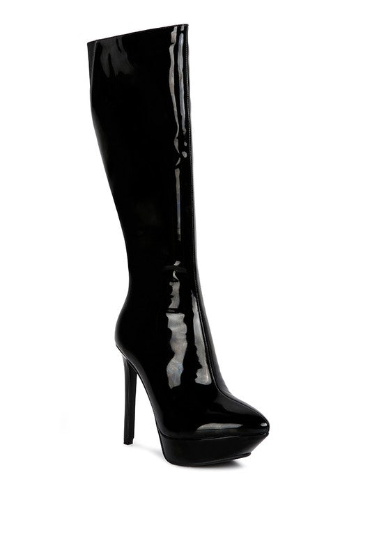 CHATTON Patent Stiletto High Heeled Calf Boots - lolaluxeshop