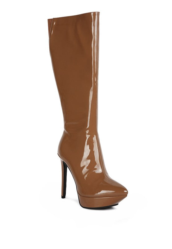 CHATTON Patent Stiletto High Heeled Calf Boots - lolaluxeshop