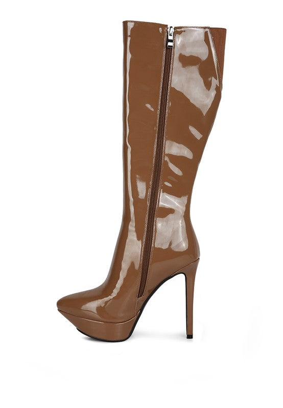 CHATTON Patent Stiletto High Heeled Calf Boots - lolaluxeshop