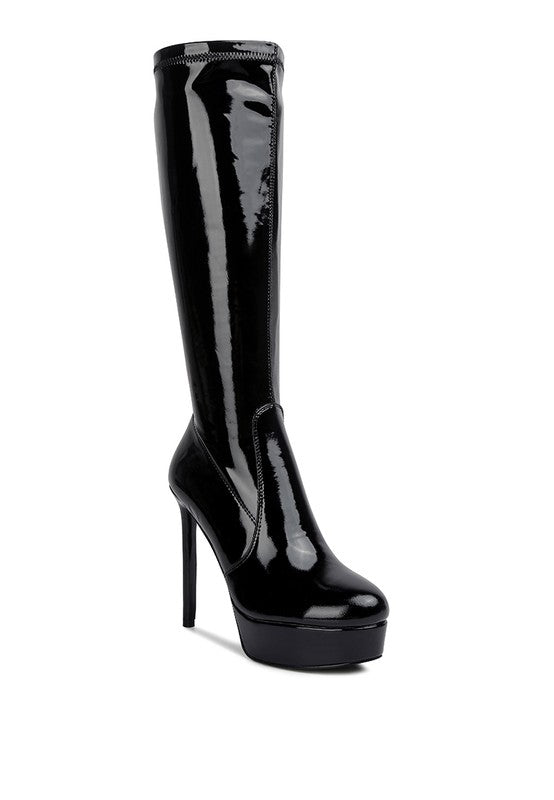 Shawtie High Heeled Stretch Patent Calf Boots - lolaluxeshop