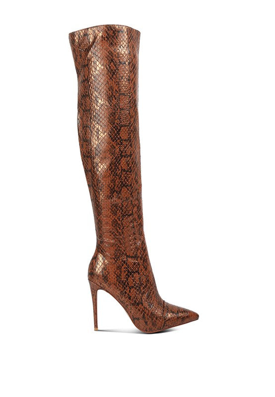 Catalina Snake Print Stiletto Knee Boots - lolaluxeshop