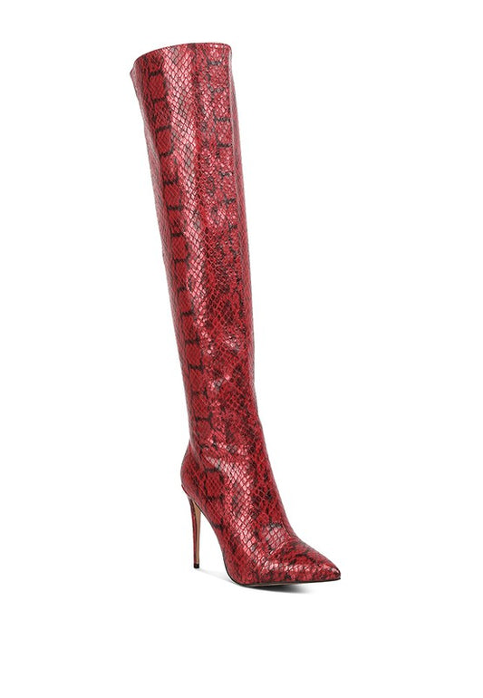 Catalina Snake Print Stiletto Knee Boots - lolaluxeshop