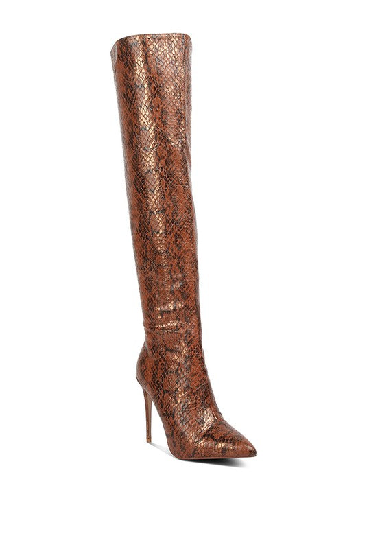 Catalina Snake Print Stiletto Knee Boots - lolaluxeshop