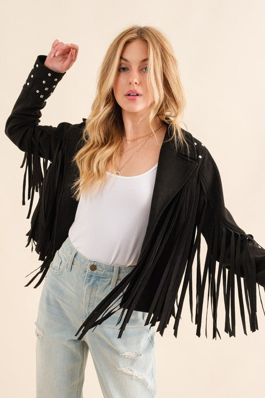 Studded Fringe Open Western Jacket - lolaluxeshop