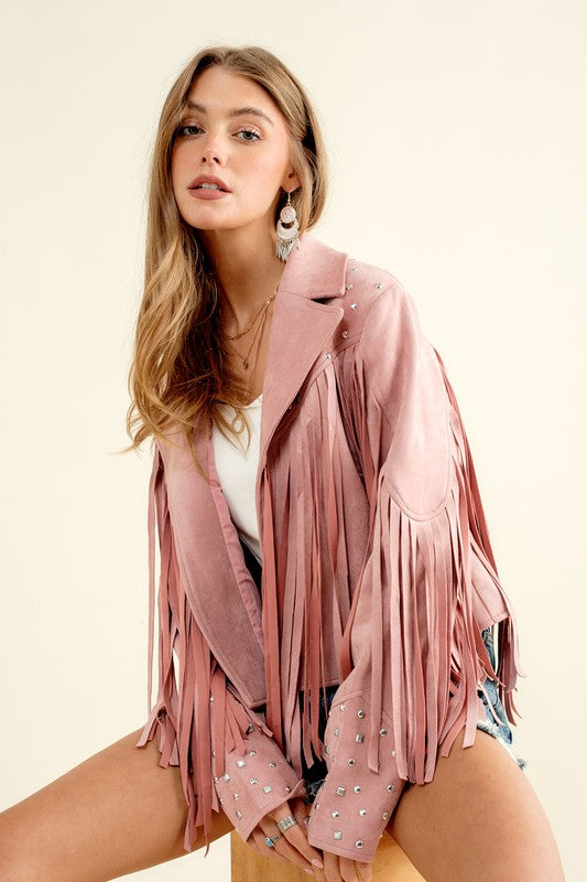 Studded Fringe Open Western Jacket - lolaluxeshop