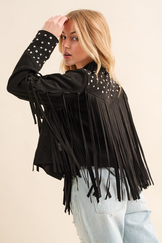 Studded Fringe Open Western Jacket - lolaluxeshop