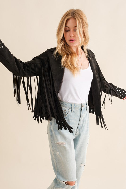 Studded Fringe Open Western Jacket - lolaluxeshop