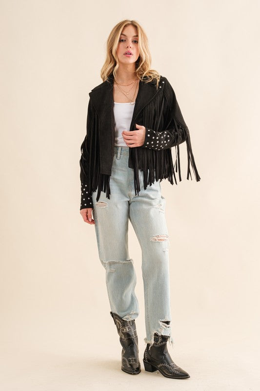 Studded Fringe Open Western Jacket - lolaluxeshop