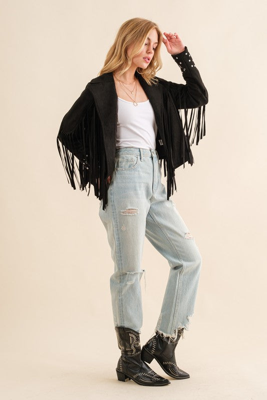 Studded Fringe Open Western Jacket - lolaluxeshop