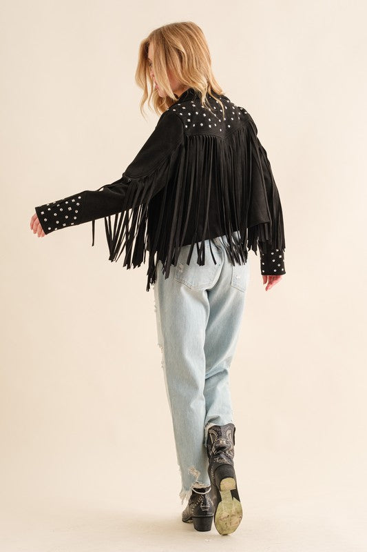 Studded Fringe Open Western Jacket - lolaluxeshop