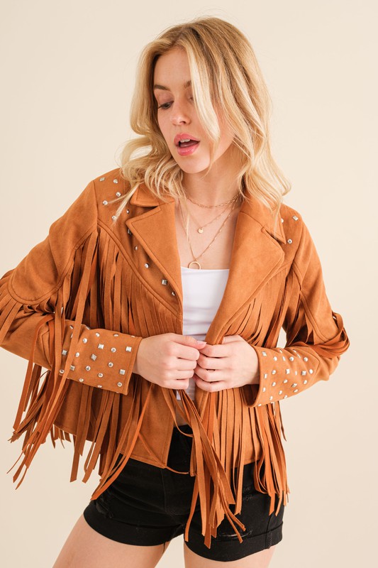 Studded Fringe Open Western Jacket - lolaluxeshop