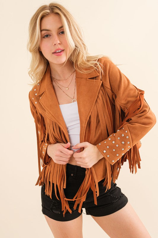 Studded Fringe Open Western Jacket - lolaluxeshop