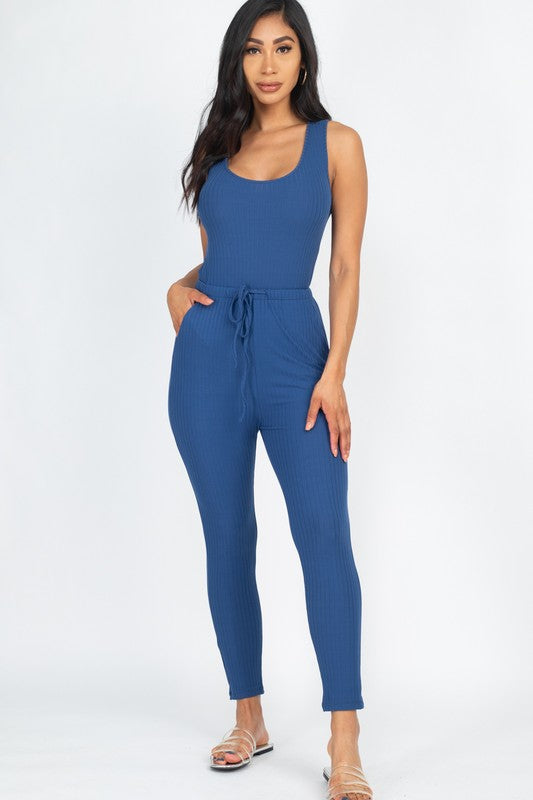 Ribbed Sleeveless Drawstring catsuits Jumpsuit - lolaluxeshop