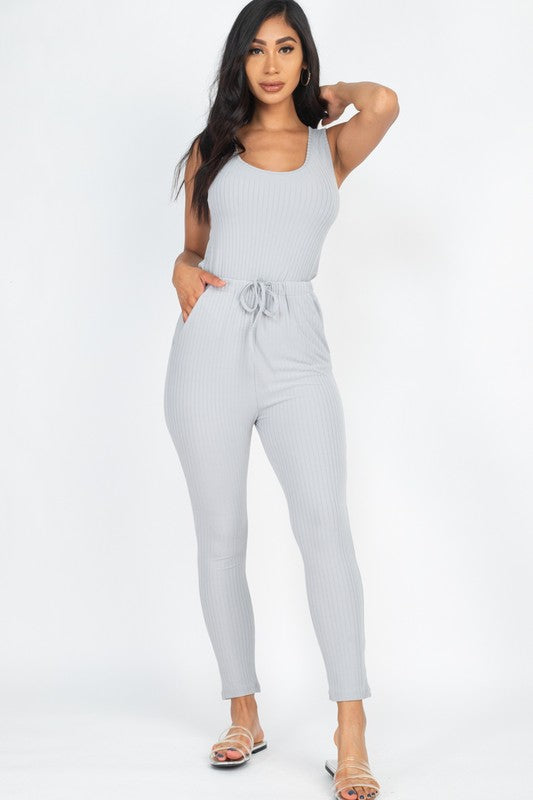 Ribbed Sleeveless Drawstring catsuits Jumpsuit - lolaluxeshop