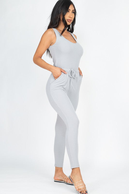 Ribbed Sleeveless Drawstring catsuits Jumpsuit - lolaluxeshop