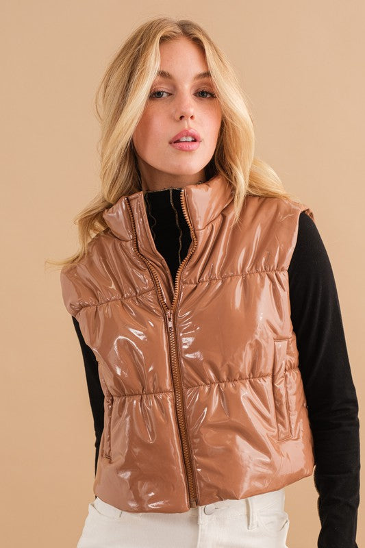 Gloss Shiny PU Quilted Puffer Zip Up Crop Vest - lolaluxeshop