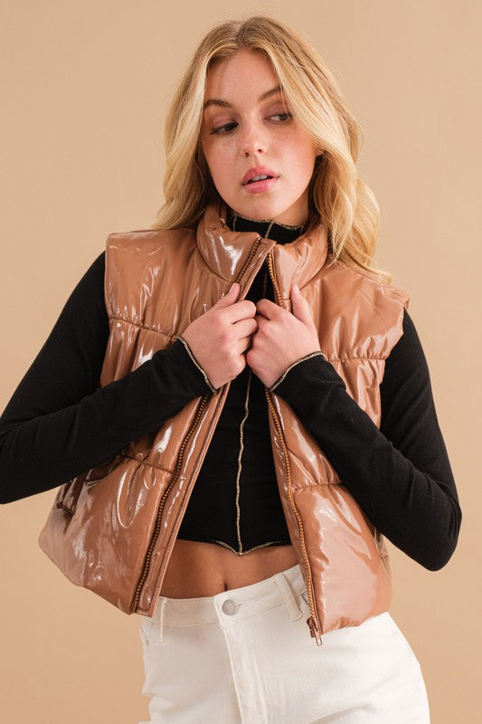 Gloss Shiny PU Quilted Puffer Zip Up Crop Vest - lolaluxeshop