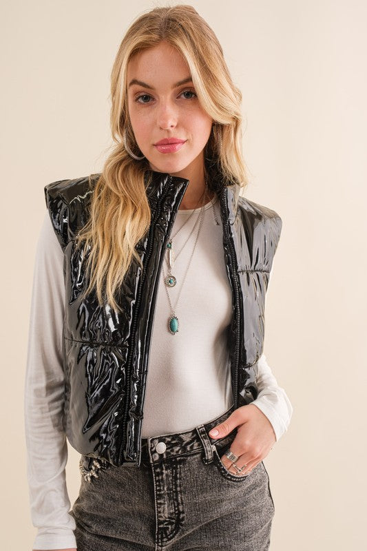 Gloss Shiny PU Quilted Puffer Zip Up Crop Vest - lolaluxeshop