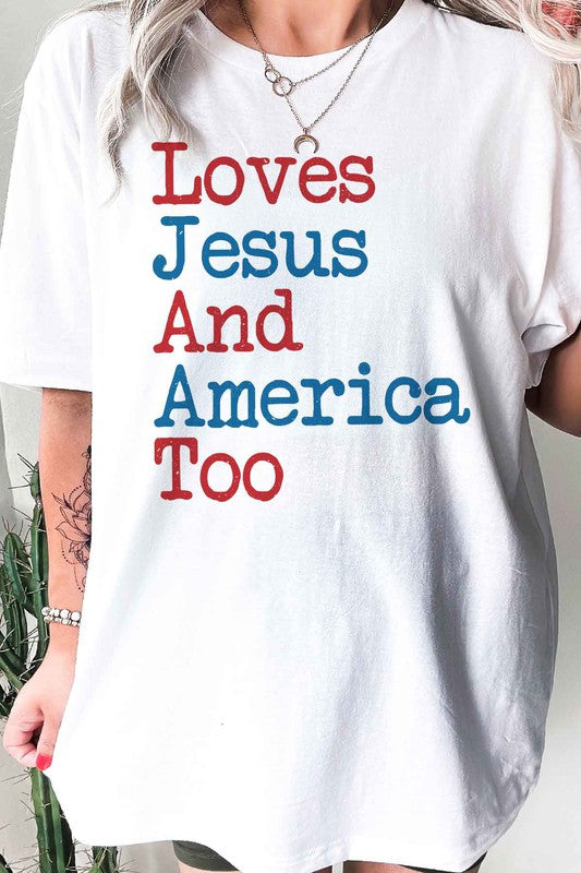 LOVES JESUS AND AMERICA TOO GRAPHIC PLUS SIZE TEE - lolaluxeshop