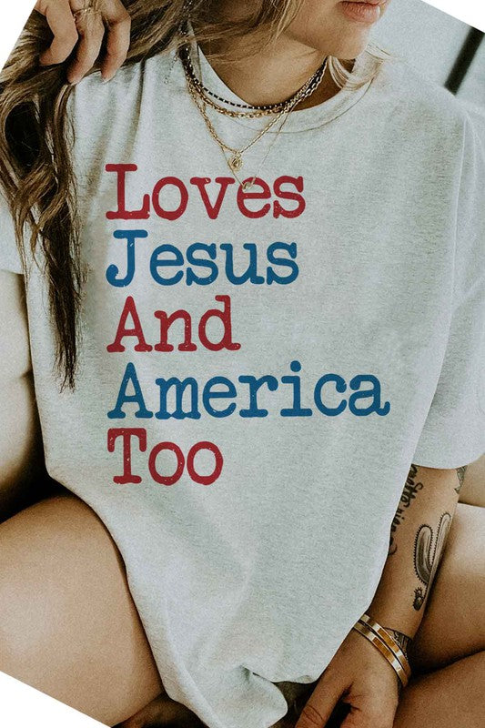 LOVES JESUS AND AMERICA TOO GRAPHIC PLUS SIZE TEE - lolaluxeshop