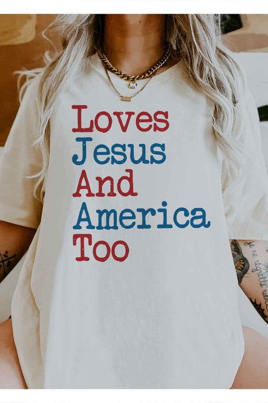 LOVES JESUS AND AMERICA TOO GRAPHIC PLUS SIZE TEE - lolaluxeshop