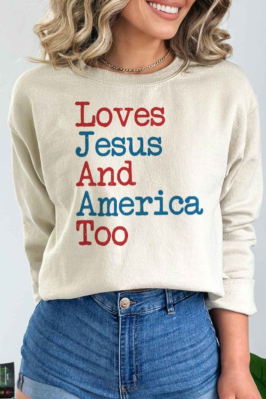 LOVES JESUS AND AMERICA TOO PLUS SIZE SWEATSHIRT - lolaluxeshop