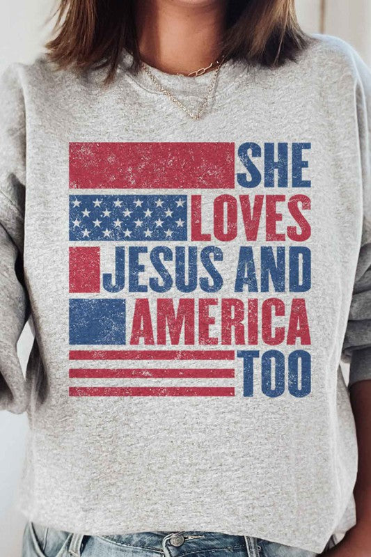 LOVES JESUS AND AMERICA GRAPHIC SWEATSHIRT - lolaluxeshop