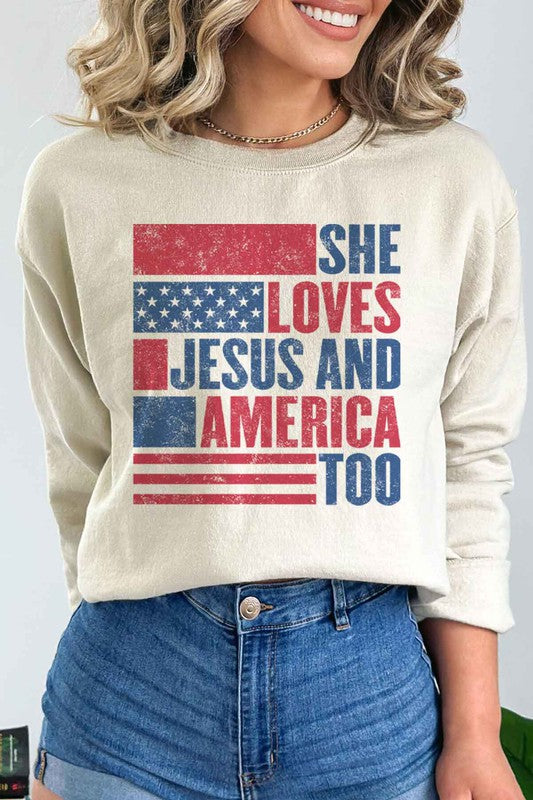 LOVES JESUS AND AMERICA GRAPHIC SWEATSHIRT - lolaluxeshop