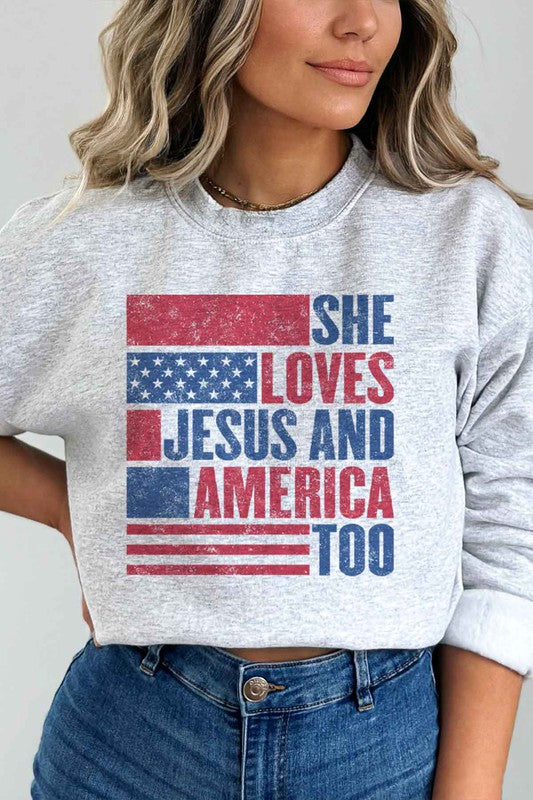 LOVES JESUS AND AMERICA GRAPHIC SWEATSHIRT - lolaluxeshop