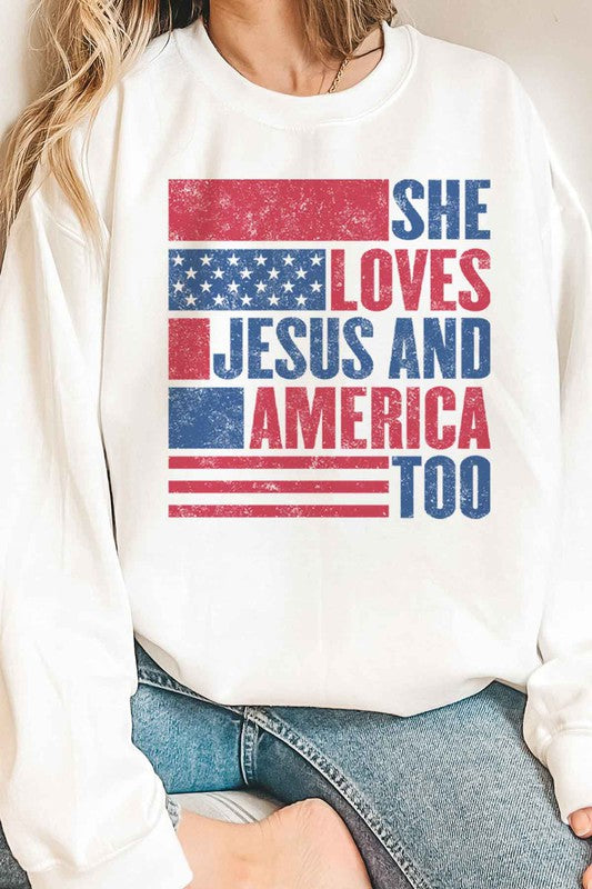 LOVES JESUS AND AMERICA GRAPHIC SWEATSHIRT - lolaluxeshop