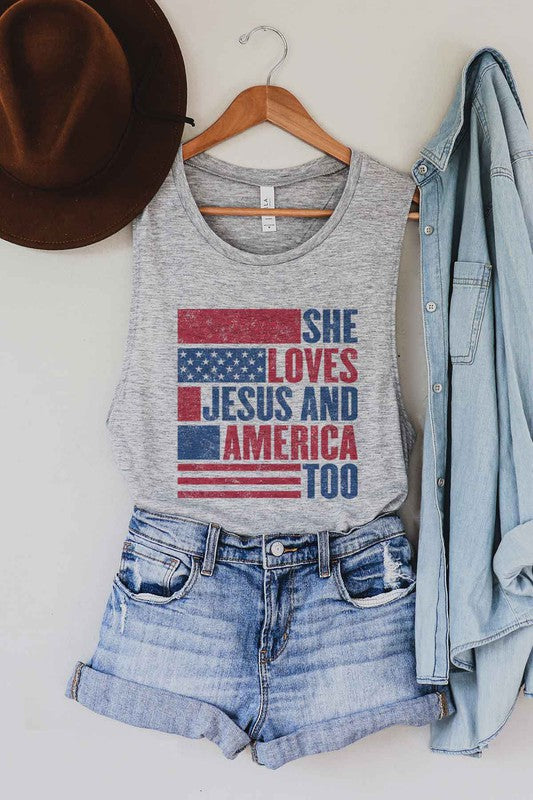 LOVES JESUS AND AMERICA GRAPHIC MUSCLE TANK - lolaluxeshop