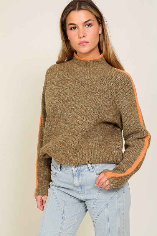 Marled Brown Raglan Sleeve Funnel Neck Sweater - lolaluxeshop