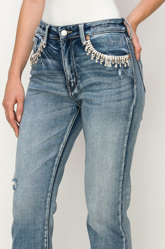 HIGH RISE CRYSTAL EMBELLISHED CROP STRAIGHT JEANS - lolaluxeshop