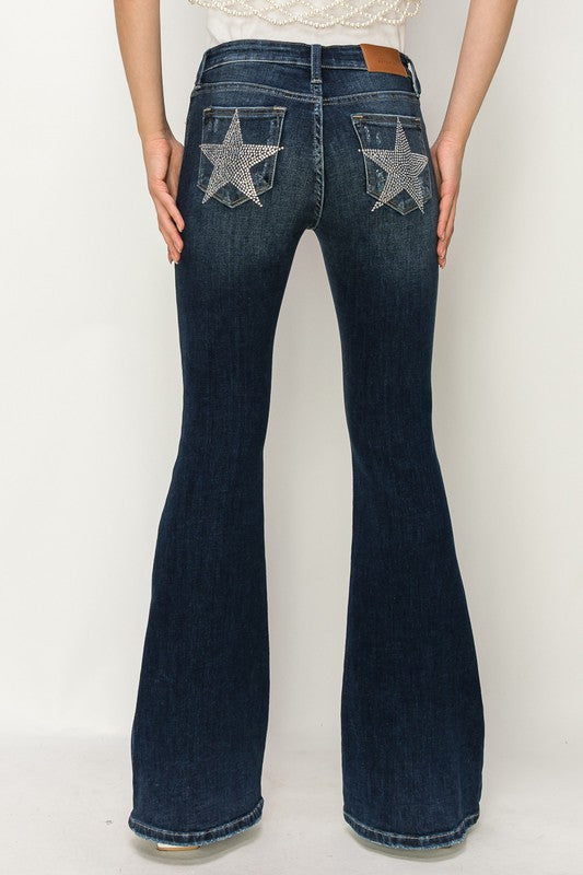 MID RISE FLARE STAR RHINESTONE ON POCKETS JEANS - lolaluxeshop