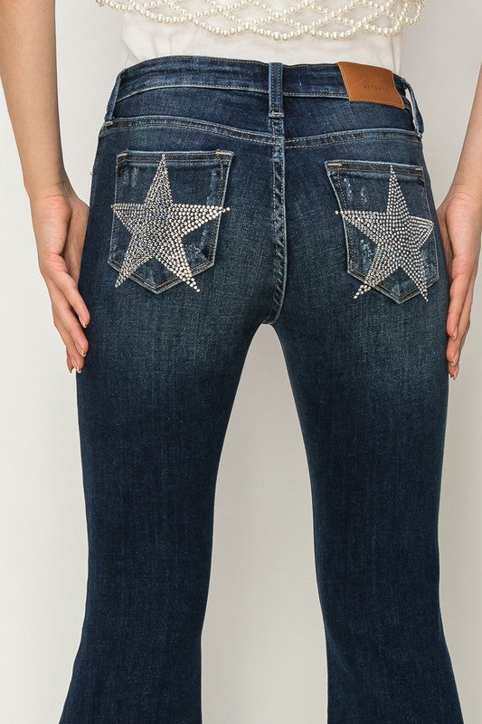 MID RISE FLARE STAR RHINESTONE ON POCKETS JEANS - lolaluxeshop