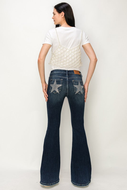 MID RISE FLARE STAR RHINESTONE ON POCKETS JEANS - lolaluxeshop