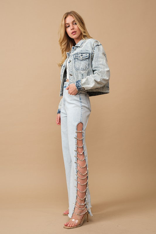 Cut Out At Side w/ Jewel Trim Stretch Denim Jeans - lolaluxeshop