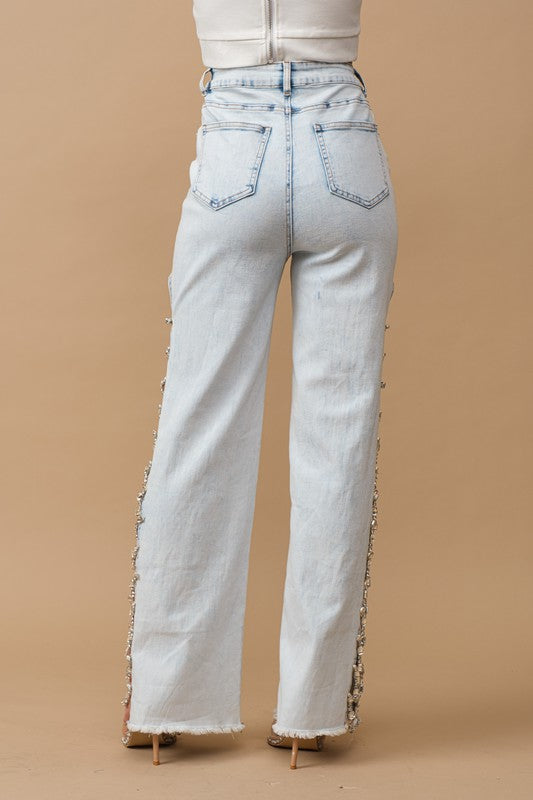 Cut Out At Side w/ Jewel Trim Stretch Denim Jeans - lolaluxeshop