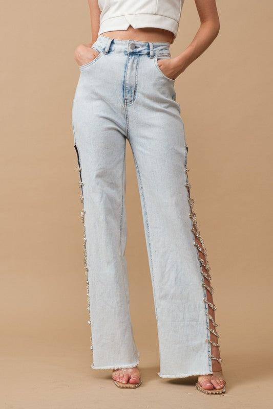 Cut Out At Side w/ Jewel Trim Stretch Denim Jeans - lolaluxeshop