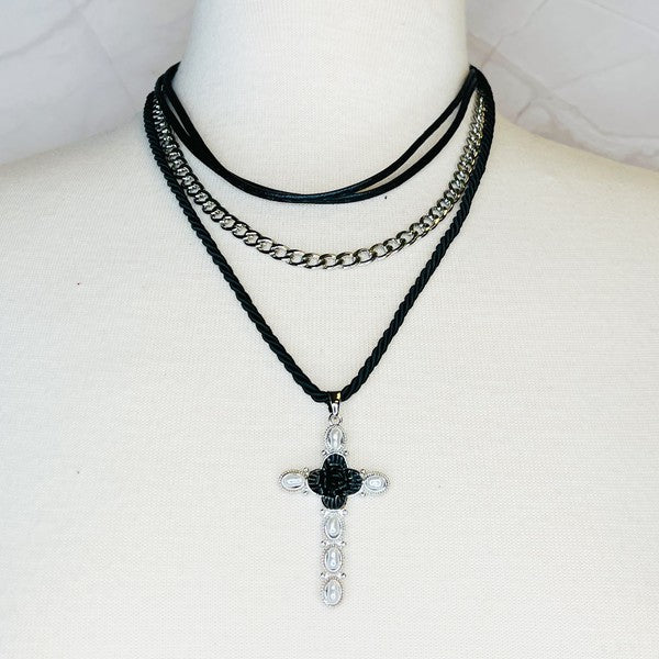 Layered Black Rose Cross Necklace - lolaluxeshop