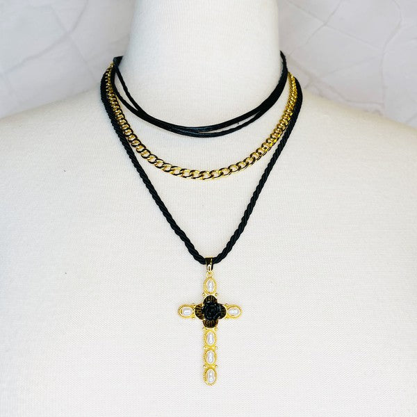 Layered Black Rose Cross Necklace - lolaluxeshop