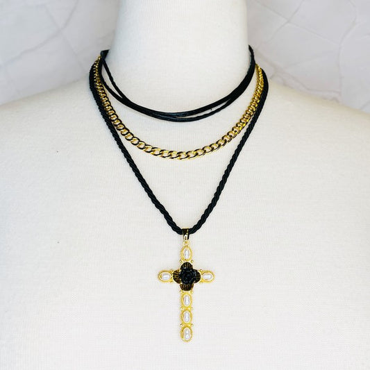 Layered Black Rose Cross Necklace - lolaluxeshop