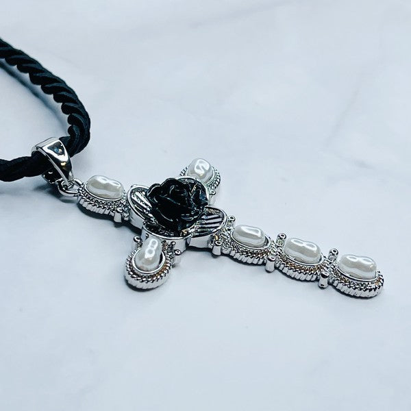 Layered Black Rose Cross Necklace - lolaluxeshop